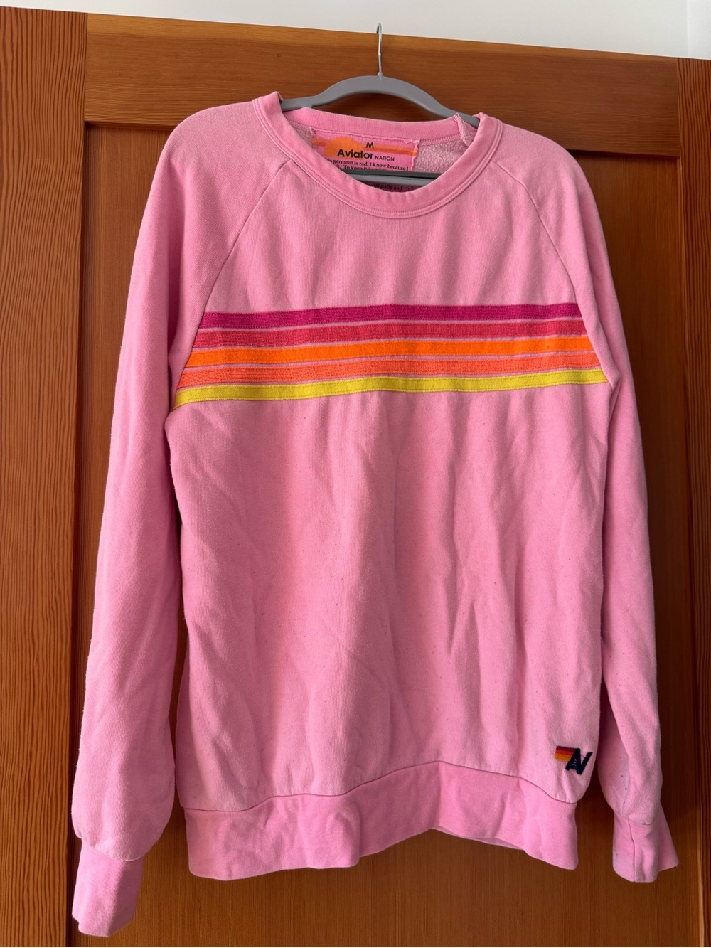 Aviator Nation Light Pink Crewneck with Multicolor Chest Stripes